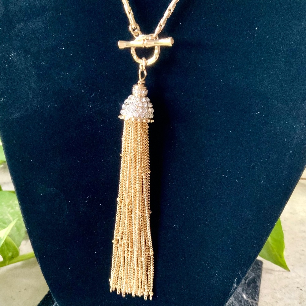 Lilly Pulitzer NECKLACE 🩷 GOLD CHAIN TASSEL CRYSTAL NECKLACE NWT “Fronds”TOGGLE - Picture 14 of 16